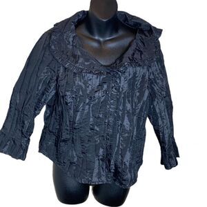 Samuel dong medium black pleated button front large collared rufflesleeve blouse
